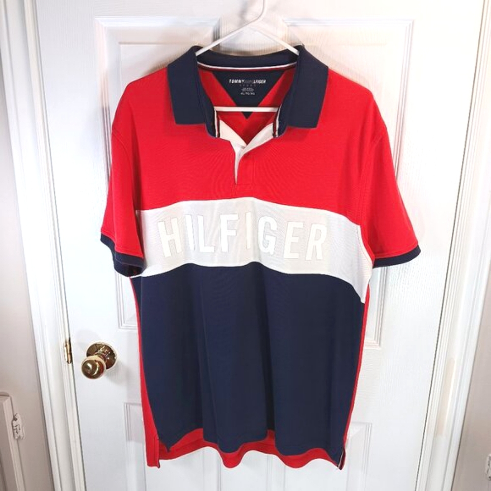 Tommy Hilfiger Men's Polo Shirt Colorblock Collared Golf Top Red White Blue XL